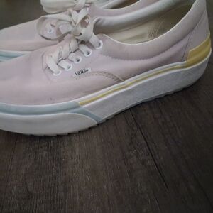 Vans Women's Light Pink Platform Canvas Sneakers with Yellow Accent